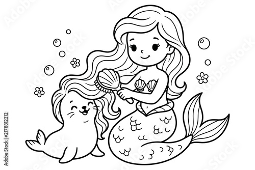 Charming mermaid and seal coloring page a beautiful underwater scene for kids and adults