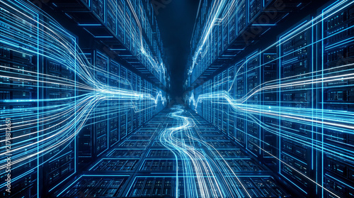 Futuristic server room with glowing blue data streams and high speed network connections