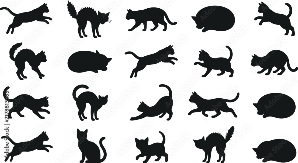 Obraz premium Black silhouette vector collection of cats in multiple poses including sitting, stretching, running, and sleeping