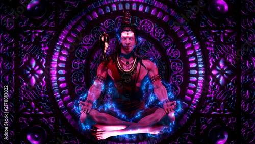 Фотография Shiva meditates inside a luminous purple circular shrine surrounded by ornate sa
