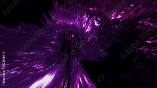 Fotografie Magenta and violet particles explode outward from a dark center in a bright cosm