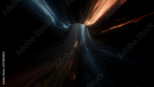 Konstfotografi Dark blue and black space streams twist beside a bright white and orange light r