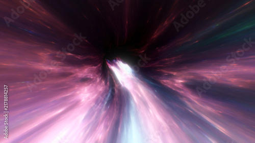 Konstfotografi Bright pink, blue and white light streams converge around a dark central curve,