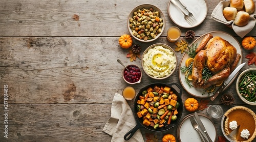 Festive thanksgiving dinner spread with roasted turkey and traditional side dishes
