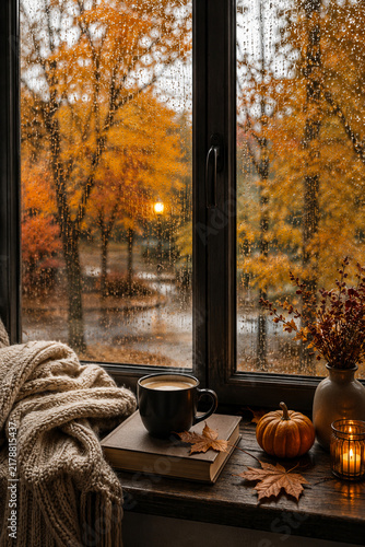 Cozy autumn scene with a hot drink, warm knitted blanket, book, pumpkin and candle by a rain-covered window overlooking colorful fall trees. Peaceful seasonal concept of comfort, hygge and slow living