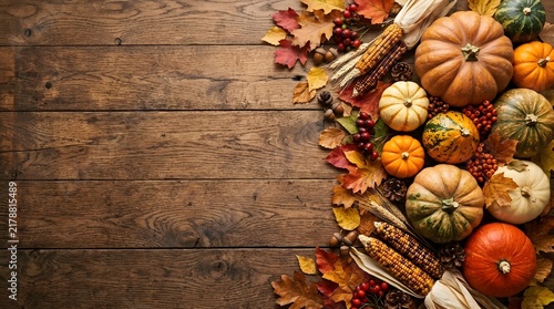 Autumn harvest arrangement of pumpkins gourds and colorful fall leaves on wood