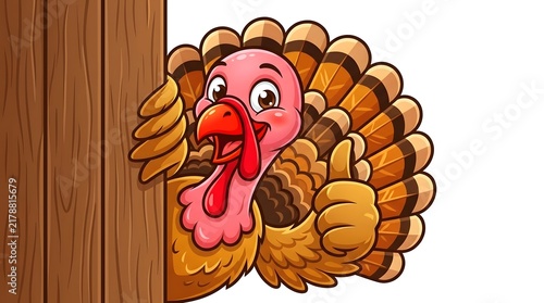 Cartoon turkey peeking from behind a wooden post on a white background