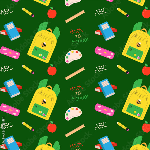 Seamless pattern with school supplies. Colorful background for education, kids, classroom, fabric and wrapping paper.