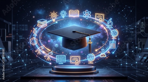 Graduation cap floating above a glowing pedestal surrounded by digital education icons.