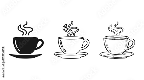 Vector icons representing a hot cup of coffee or tea on a saucer with rising steam, shown in three distinct graphic styles: solid black silhouette, clean line art outline, and detailed hand-drawn sket