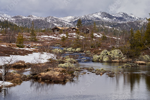 Norefjell Mountain Landscape with River and Cabins in Spring