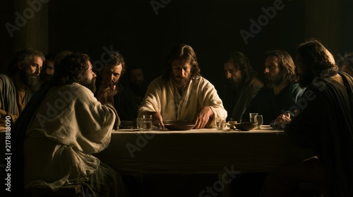 Jesus at the Last Supper with his twelve disciples in a dimly lit room during biblical times