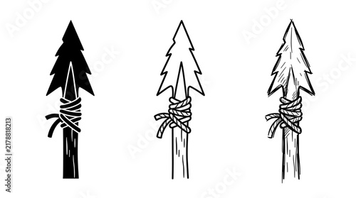 Bild auf Leinwand Primitive Spearhead Vector Icon Set in Glyph Outline and Hand Drawn Sketch Style