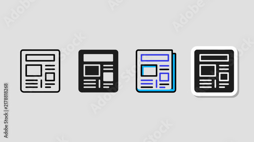 Fotografie Four variations of a minimalist tabloid newspaper icon, featuring outline, solid fill, colored details, and a modern sticker-style version on a grey background