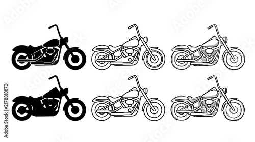 Obraz na płótnie Set of chopper motorcycle icons showing solid silhouette line art and hand drawn