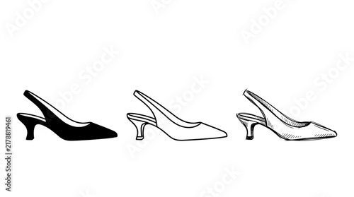Three Stylized Women's Slingback High Heel Shoe Designs: Silhouette, Outline, Sketch
