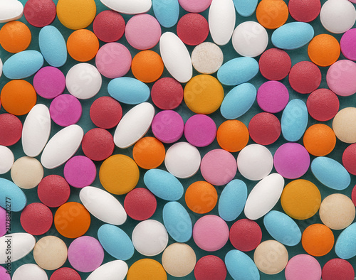 Cuadro en lienzo Background from medical pills of white, blue and other colors.