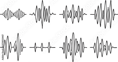 Sound wave vector collection featuring various audio frequency shapes for modern digital design projects isolated on a white background surface