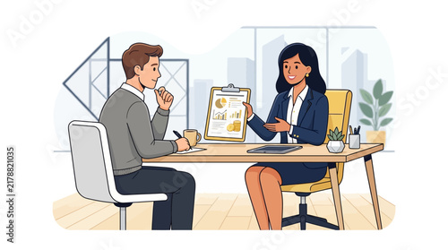 Business woman interviewing a man for a job at a desk in a modern office setting with a document and laptop on the table during a professional meeting