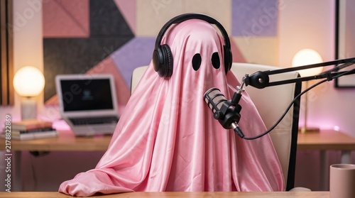 A person in a pink ghost costume speaks into a microphone, wearing headphones. Concept humor, Halloween, podcasting, creative content creation, entertainment, social media marketing. Generative AI.
