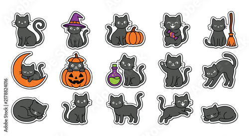 Set of cute black cat illustrations for halloween featuring pumpkins witches hats and magical potion bottles