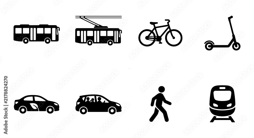 Fototapeta premium Urban Transportation Icons: Bus, Tram, Bicycle, Scooter, Car, Pedestrian, Train, Vector Set for City Mobility and Eco-Friendly Travel Concepts