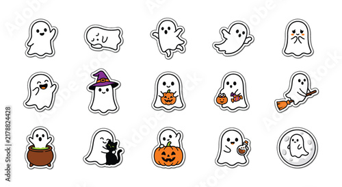 Set of cute hand drawn ghosts for halloween celebration featuring various expressions and activities in doodle style