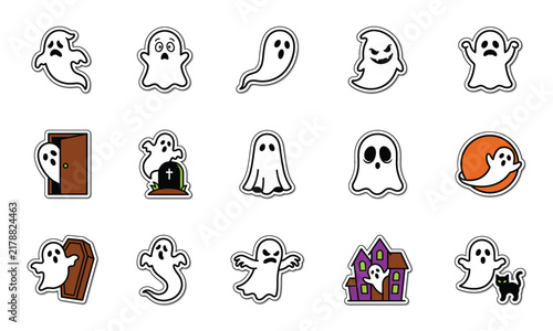 Set of cute ghost characters and halloween elements for holiday decorations and festive graphic design projects on white