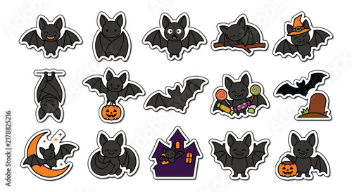 Set of cute cartoon bats for halloween celebration featuring various poses and spooky elements on white background