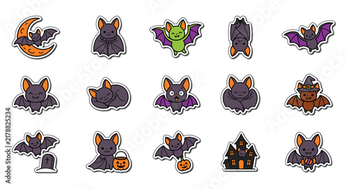 Set of cute cartoon halloween stickers featuring bats pumpkins ghosts and haunted houses for festive holiday decoration