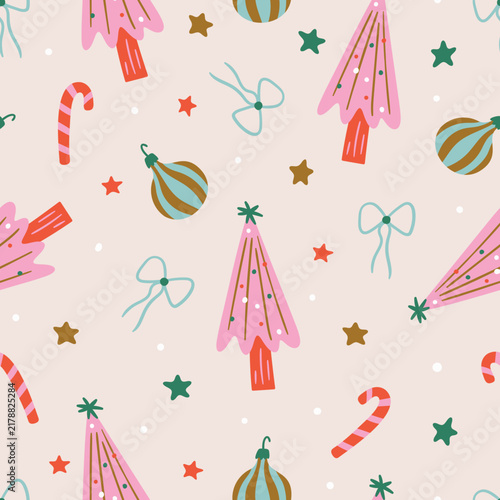 Retro Christmas Pattern with Ornaments and Candy Canes