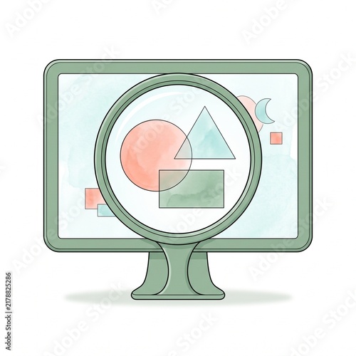 Desktop Screen Magnifier Enlarging Abstract Shapes, Line Art Low Vision Accessibility Illustration