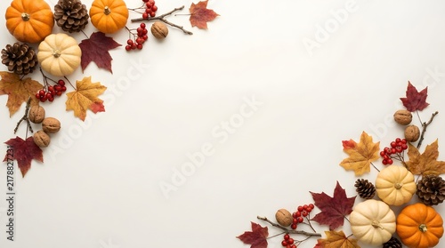 Autumn border frame with orange and white pumpkins, pine cones, red berries, and colorful maple leaves on a white background