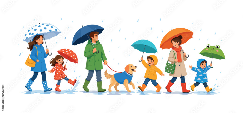 Fototapeta premium Family and dog enjoy a rainy day walk with colorful umbrellas