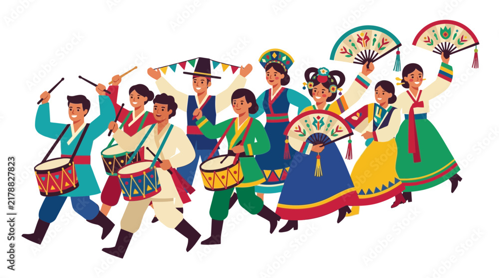 Fototapeta premium People in traditional Asian attire dancing with fans.
