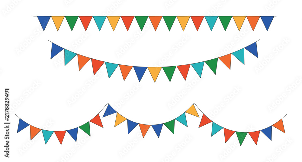 Fototapeta premium Colorful Bunting Flags: A festive arrangement of vibrant triangle bunting flags strung across three lines, perfect for decorating any celebration or party event.