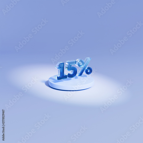 3D blue 15 percent discount sign on podium illuminated by a bright spotlight beam, fifteen percent off sale banner with soft shadows on pastel background.