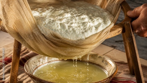 Fresh Cheese Draining Into Bowl