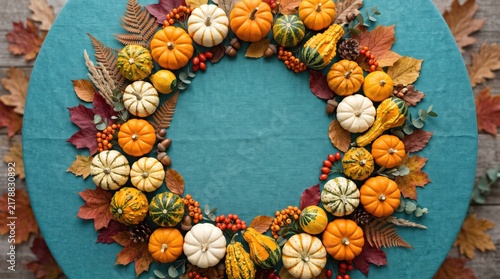 Decorative autumn wreath featuring small colorful pumpkins and dried fall leaves on a textured teal blue background