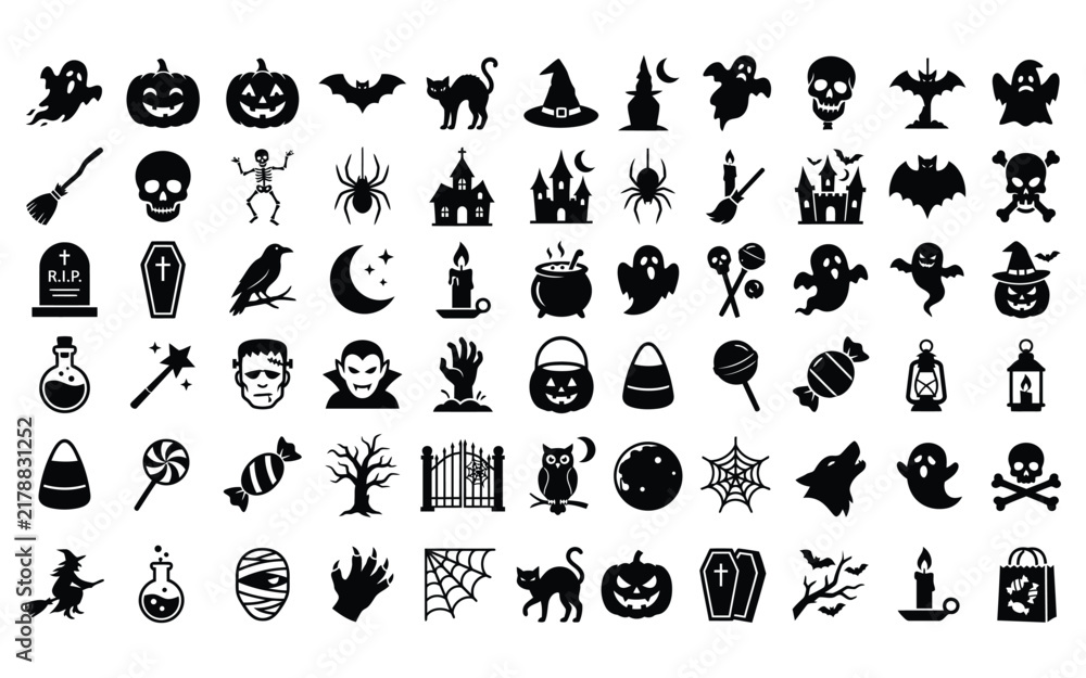 Obraz premium Set of various black silhouette icons for halloween celebration featuring spooky characters and traditional holiday festive symbols