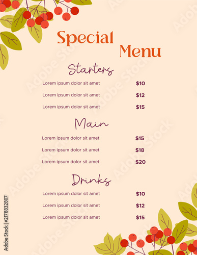 Elegant restaurant special menu template. Beautiful background with Autumn plants. Perfect for Fall wedding, birthday party, Thanksgiving dinner, special occasions. Hand drawn vector illustration.
