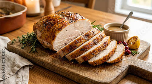 A delicious roasted turkey breast sliced on a wooden cutting board with fresh rosemary and gravy for holiday dinner