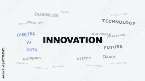 Premium animated word cloud where technology, digital, data, AI, network, and business keywords intelligently assemble into a central innovation concept. Features clean editorial typography, corporate
