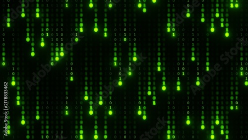 Cybersecurity Data Stream Concept with Glowing Green Binary Code Numbers on Black Background