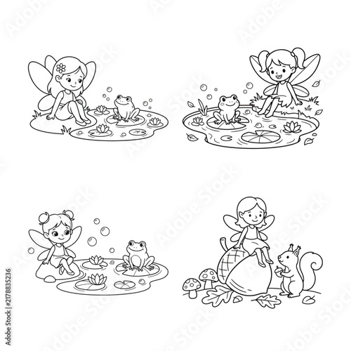 Four scenes depict fairies interacting with pond life and forest creatures in a black and white vector illustration