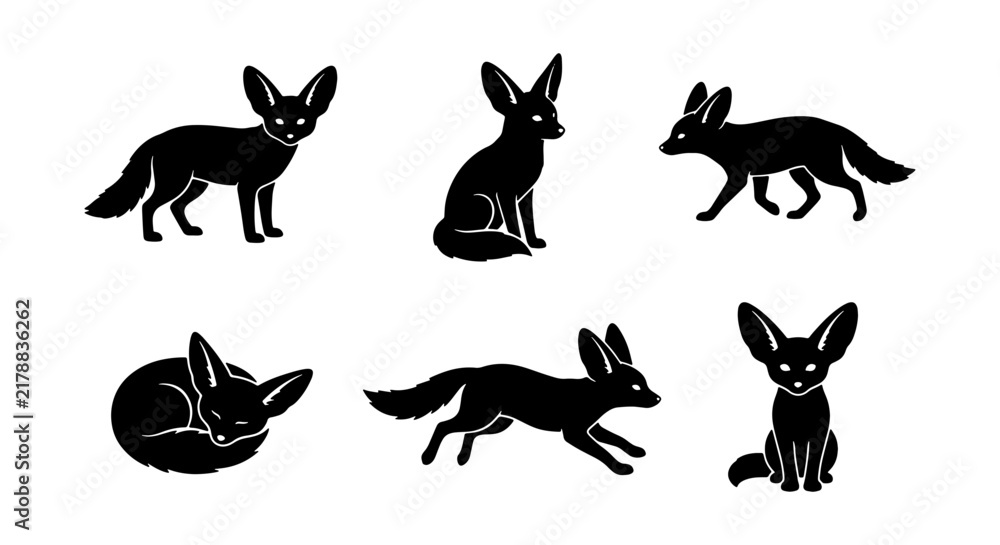 Obraz premium Fennec Fox Silhouettes, Desert Animal Icons, Cute Wildlife Vector Set, Black and White Graphic Collection