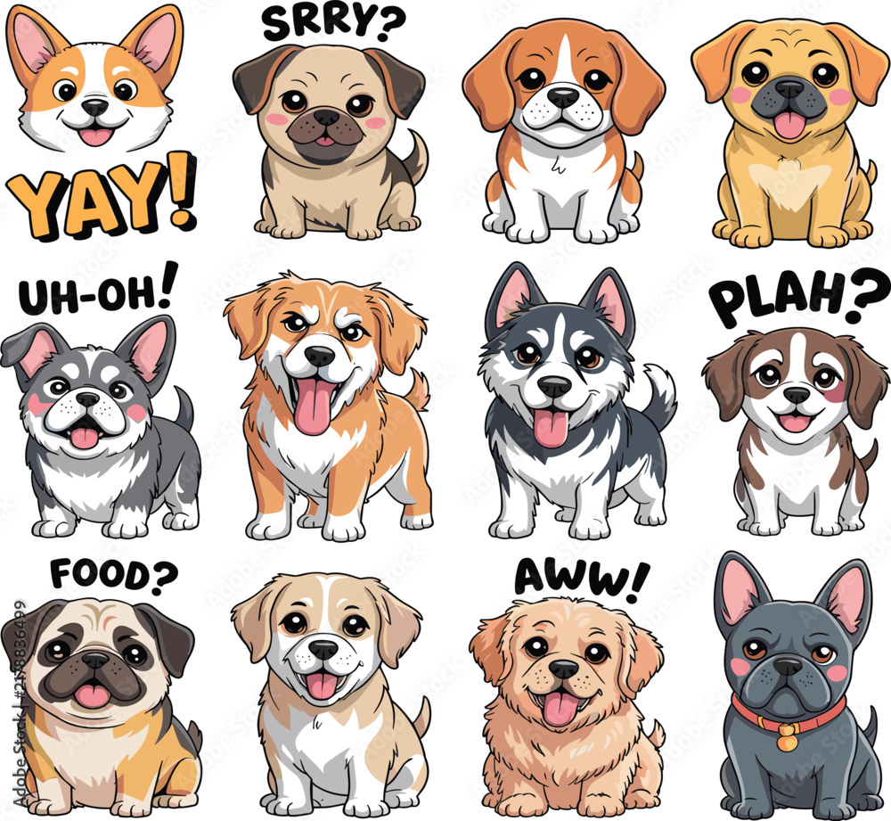 Fototapeta premium Cartoon illustration of twelve different dog breeds with expressive faces and speech bubbles, dogs, puppies, corgi, pug, beagle, labrador