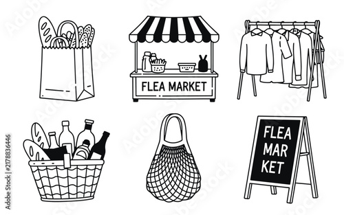 Hand- Drawn Icons for Flea Market and Shopping market stall