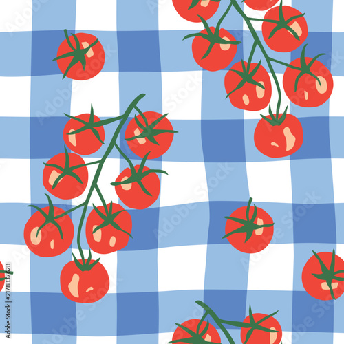 Red cherry tomatoes, blue and white gingham background. Vector illustration. Seamless pattern. Summer trendy print. Italian vegetable garden. Tablecloth design