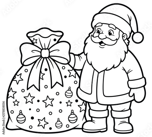A black and white coloring page illustration of a cheerful santa claus standing next to a large gift bag filled with christmas decorations